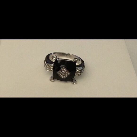 Art Deco Design Simulated Black Onyx & CZ Ring #6 - Picture 2 of 3